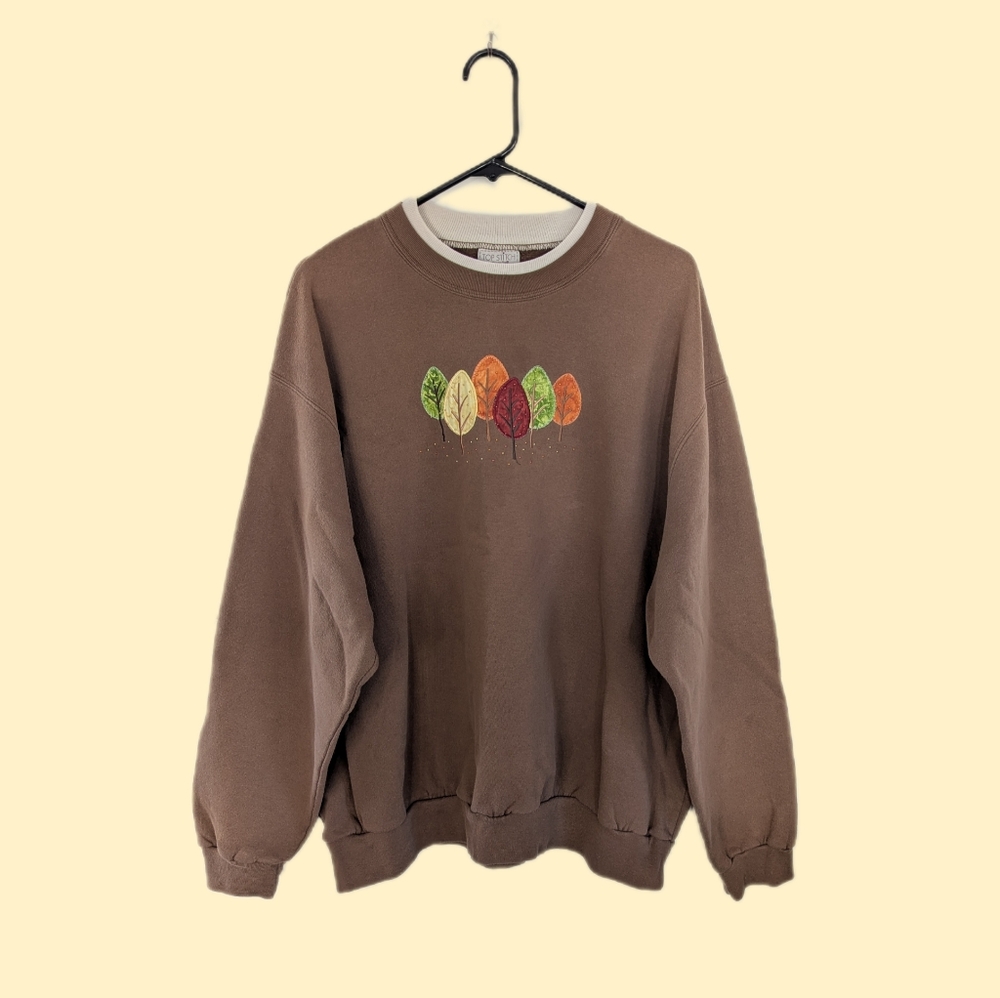 Top Stitch Double Collar Crew Neck Oversized Fall Leaves Sweatshirt